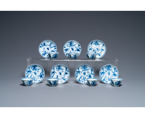 Full title: Seven Chinese blue and white cups and saucers, KangxiDescription:Dia.: 10 cm (the saucers)Dia.: 6,5 cm - H.: 3,5 
