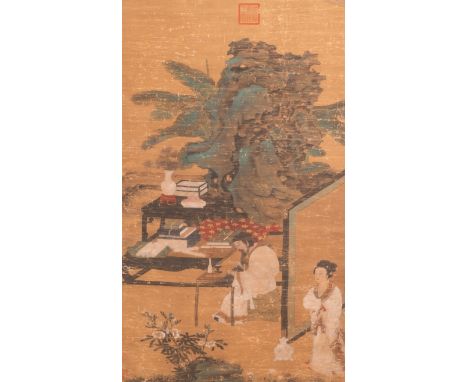 Full title: Chinese school: ‘A scholar and his wife in the garden’, ink and colour on silk, Ming or later&lt;br&gt;&lt;br&gt;