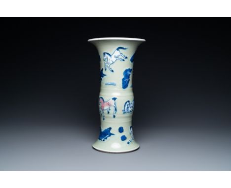 Full title: A Chinese blue, white and copper-red celadon-ground 'Eight horses of Mu Wang' vase, KangxiDescription:H.: 30 cmTh