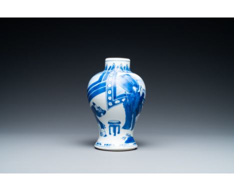 Full title: A Chinese blue and white baluster vase with narrative design, KangxiDescription:H.: 17,5 cmÊ Condition: (UV-check