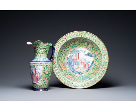 Full title: A Chinese lime-green-ground Canton enamel water jug and basin, 1st half 19th C.Description:Dia.: 41 cm - H.: 10 c