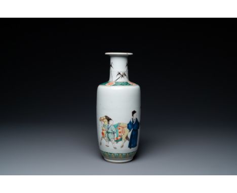 Full title: A Chinese famille verte rouleau vase with narrative design, KangxiDescription:H.: 27 cmÊ Condition: (UV-checked)-
