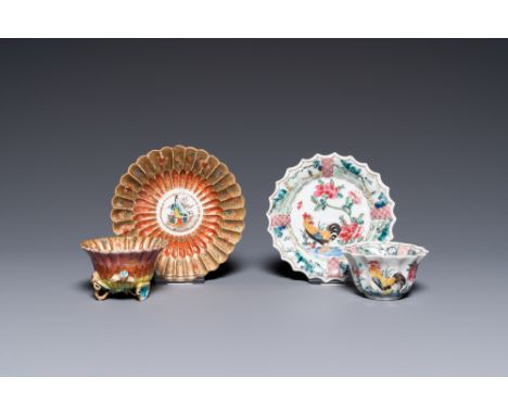 Full title: A lobed Chinese gilded famille rose 'lotus' cup and saucer and one depicting roosters, Yongzheng/QianlongDescript