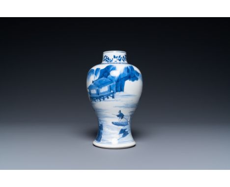 Full title: A Chinese blue and white 'mountainous landscape' vase, KangxiDescription:H.: 17,5 cmThe absence of a condition re