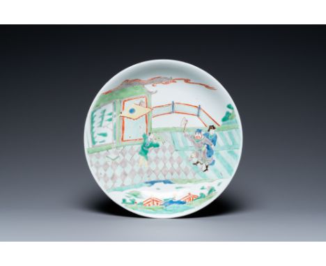 Full title: A Chinese famille verte dish with a narrative scene, KangxiDescription:Dia.: 27,3 cmÊ Condition: (UV-checked)- Wi