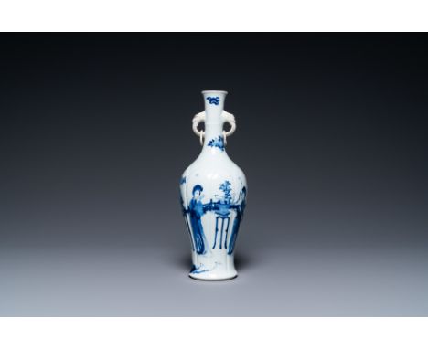 Full title: A Chinese blue and white vase with elephant head handles, KangxiDescription:H.: 28 cmÊ Condition: (UV-checked) - 