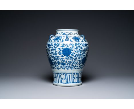 Full title: A Chinese blue and white six-handled 'lotus scroll' vase, WanliDescription:H.: 40 cmThe absence of a condition re