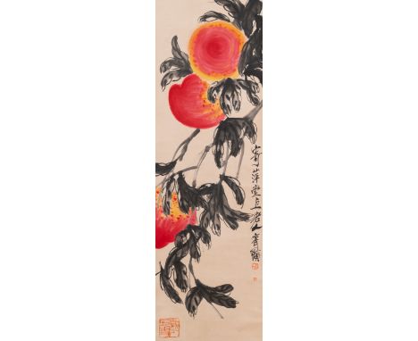 Full title: Chinese school, after and bearing the signature of Qi Baishi (1864 - 1957): ‘Peaches’, ink and colour on paper&lt