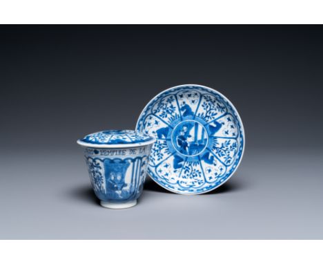 Full title: A Chinese blue and white covered cup and saucer for the French market, KangxiDescription:Dia.: 13,5 cm (the sauce