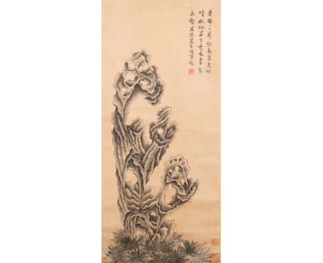 Full title: Chinese school, after Mi Wanzhong: 'Scholar's rock', ink and colour on paper, 19/20th C.Description:Dim.: 209 x 8