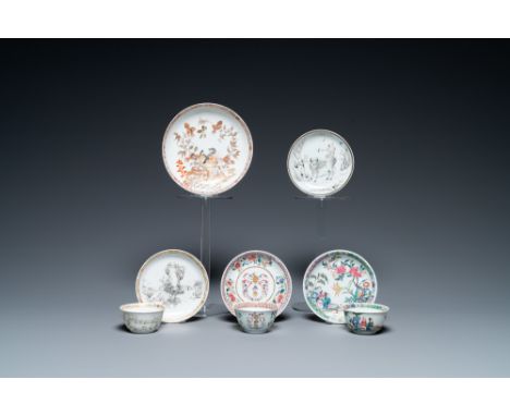 Full title: Five Chinese famille rose and grisaille saucers and three cups, YongzhengDescription:Dia.: 15 cm (the largest sau