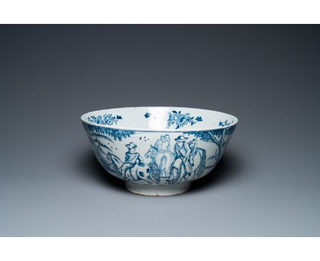 Full title: A large Dutch Delft blue and white bowl with shepherds on horsebacks, 18th C.Description:Dia.: 33,5 cm - H.: 16 c
