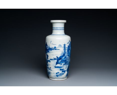 Full title: A Chinese blue and white rouleau vase with figures in a mountainous landscape, KangxiDescription:H.: 46,5 cmÊ Con