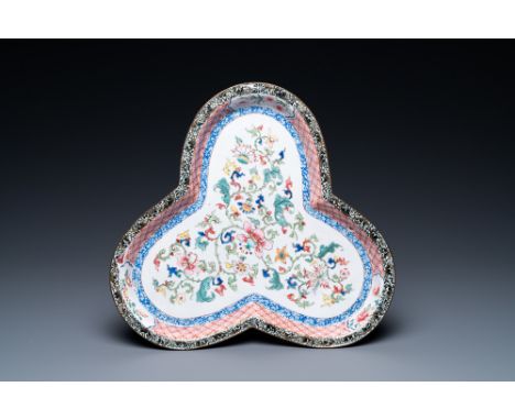 Full title: A three-lobed Chinese Canton enamel dish, QianlongDescription:L.: 21 cmThe absence of a condition report does not