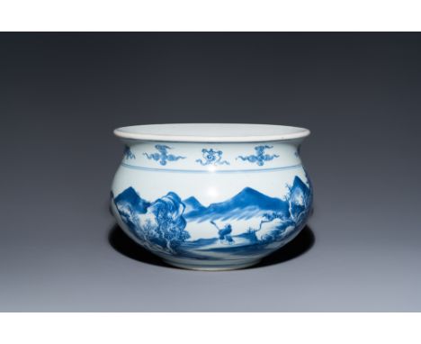 Full title: A Chinese blue and white 'mountainous landscape' censer, KangxiDescription:Dia.: 23 cm - H.: 15 cmÊ Condition: (U