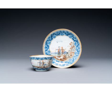 Full title: A Chinese famille rose blue and white lotus-scroll-ground 'fish-seller' cup and saucer, QianlongDescription:Dia.:
