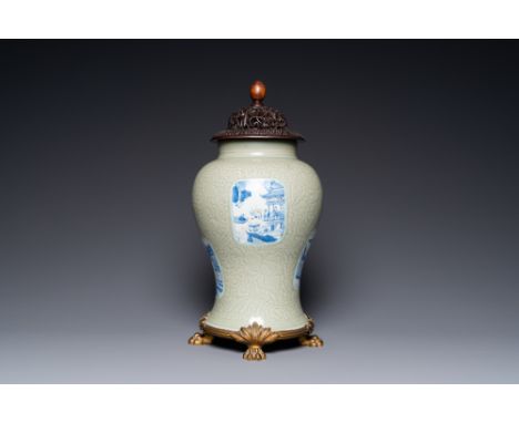 Full title: A Chinese celadon-glazed 'lotus scroll' vase with blue, white and copper-red panels, KangxiDescription:H.: 38,5 c