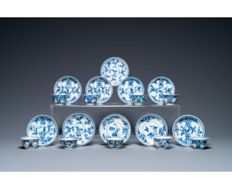 Full title: Ten Chinese blue and white saucers and nine cups, KangxiDescription:Dia.: 12 cm (the largest saucers)Dia.: 7,5 cm