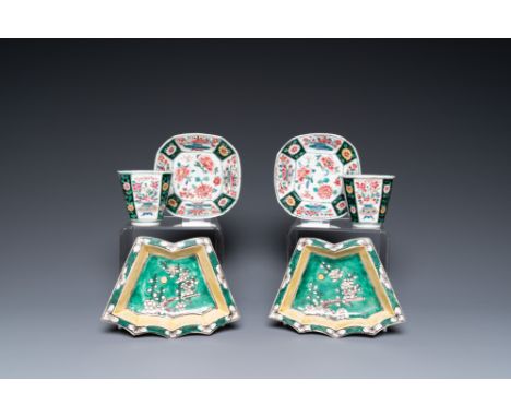Full title: A pair of Chinese octagonal famille rose cups and saucers and a pair of verte biscuit dishes, Kangxi and Qianlong