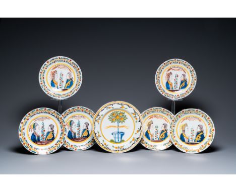 Full title: Six polychrome Dutch Delft orangist royal portrait plates and an 'Orange tree' dish, 18th C.Description:Dia.: 26 