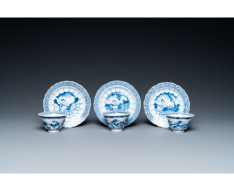 Full title: Three Chinese blue and white lotus-shaped 'acupuncture' cups and saucers, KangxiDescription:Dia.: 11 cm (the sauc