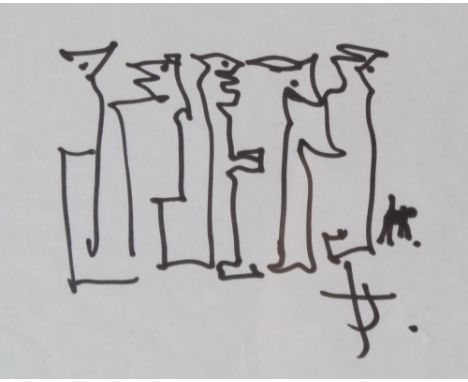 •JOHN THOMPSON (1924-2011) FELT TIP PEN DRAWING Group of five men and a dog Signed with a monogram 8" x 11 1/2" (20.5 x 29cm)