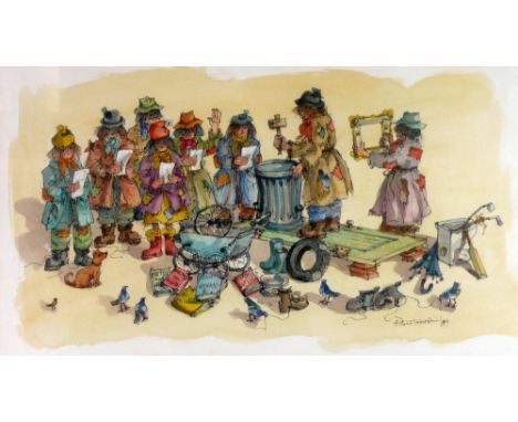 ALBIN TROWSKI (1919-2012) DRAWING - WATERCOLOUR, INK PEN  'Tramps Auction'  Signed, dated (19) 89 10 1/2" x 18 1/2" (26.7cm x