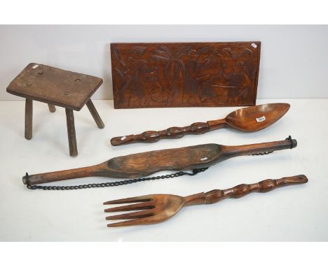 Pair of Ethnic Hardwood Carved Wall Hanging Fork and Spoon, 76cm long together with a Carved Wooden Panel depicting Tribal pe