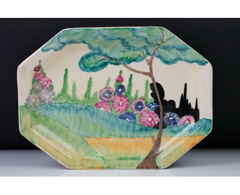 Clarice Cliff Pottery Bizarre Octagonal Plate decorated in the Sandon pattern, 25cm long 