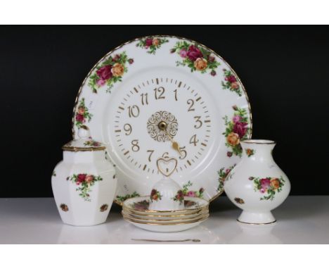 Royal Albert ' Old Country Roses ' including Wall Clock, Lidded Jar, Vase, small Bell and four Pin Dishes 