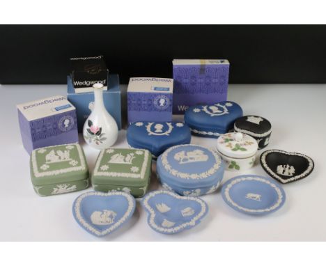 Wedgwood - Twelve items of Jasperware including blue, green and black being trinket boxes and pin dishes together with five o
