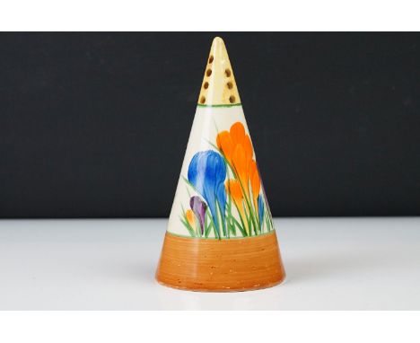 Clarice Cliff Pottery Bizarre Conical Sugar Shaker in the crocus pattern, 14cm high 