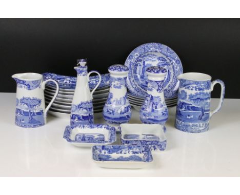 Spode ‘ Italian ‘ blue and white items including two jugs, salt and pepper pots, vinegar bottle, two small dishes, ashtray, e