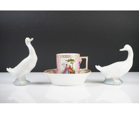 Continental Porcelain ' Augustus Rex ' Large Coffee Can and Saucer decorated with panels of courting couples and panels of fl