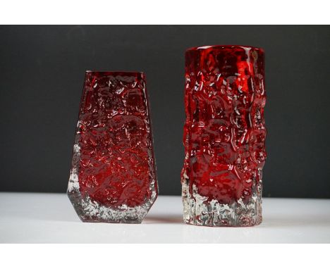 Whitefriars Bark Coffin Vase in Ruby Red, 13cm high and a Whitefriars Bark Cylindrical Vase in Ruby Red, 16cm high 