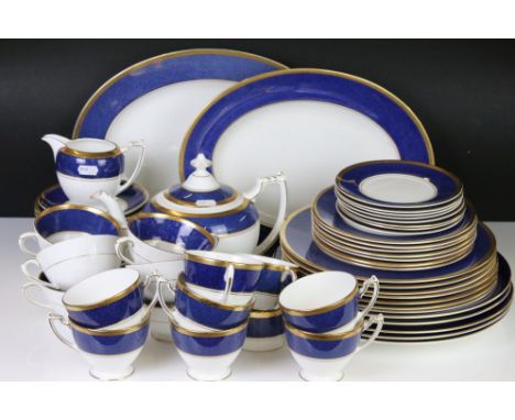 Coalport ' Athlone-Blue ' Tea and Dinner ware including Teapot, 7 tea cups, 2 coffee cups, 6 soup bowls, 14 saucers of variou