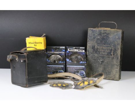 Automobile / Car collectables - Two AA Badges, Black Metal ' Motorists First Aid Case ' with some contents, Two Boxed Velona 