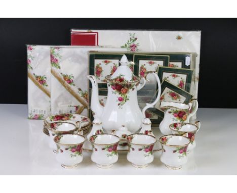 Royal Albert ' Old Country Roses ' including Coffee Pot, Milk Jug, 6 Coffee Cups and Saucers, Cruet Set plus Table Cloth, 2 p