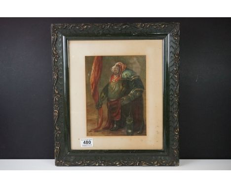 Framed Oil Painting Portrait depicting a hound dressed as a medieval knight 