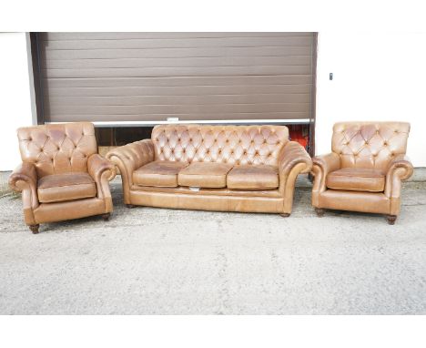 Thomas Lloyd Tan Leather Chesterfield style Button Back Three Piece Suite comprising a three seater sofa, 212cm long x 105cm 