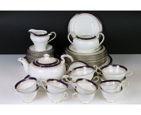 Collection of Aynsley dinner and tea ware in the Leighton pattern including Teapot, 2 soup bowls, 8 tea cups, 8 saucers, 6 so