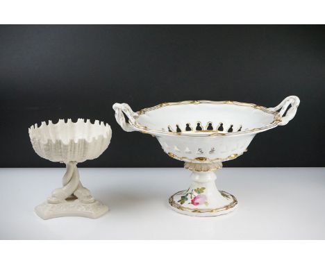 19th century Davenport Longport Footed Comport decorated with flowers, 23cm high together with Blanc de Chine Shell Bowl rais