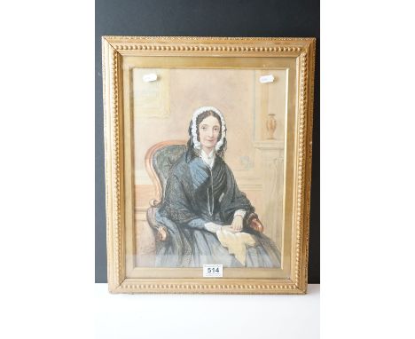 Herbert L Smith, Victorian Watercolour Portrait of a Lady wearing a bonnet sat in a chair, signed and dated 1864, 39cm x 28cm