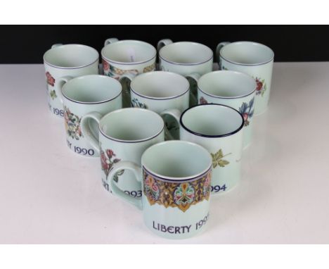 Ten Adams ' Liberty of London ' Ceramic Year Mugs, complete run from 1986 to 1995 