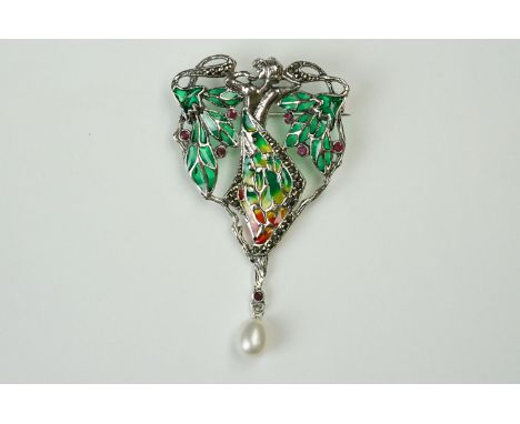 Silver Plique a Jour Pendant / Brooch in the Art Nouveau style with pearl drop 