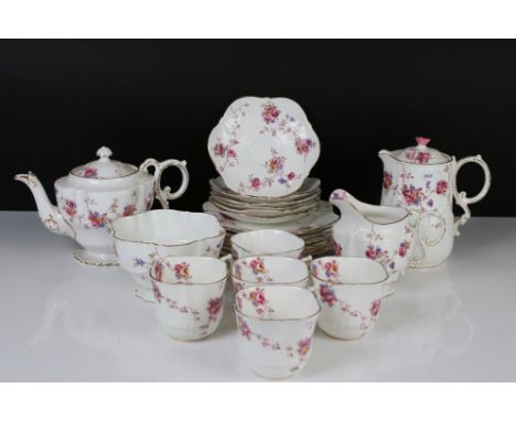 Aynsley Bone China part Tea Set decorated with floral sprays comprising Teapot, Hot Water Jug, Milk, Sugar, 5 Tea Cups, 6 Sau