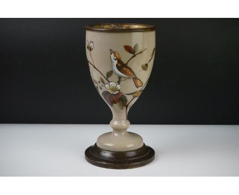 Victorian Opaque Glass and Brass Oil Lamp Base, the glass over-painted with birds within branches, 27cm high 