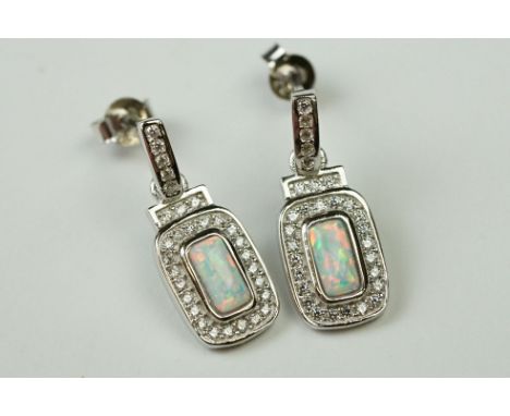 Pair of Silver CZ and Opal Drop Earrings 