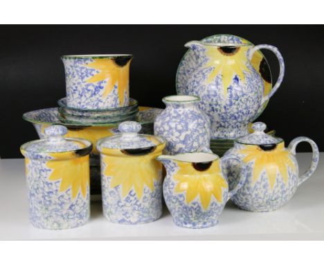 Collection of Poole Pottery ' Vincent Sunflower ' Kitchen ware including 2 lidded storage jars, vase, milk jug, 7 breakfast p