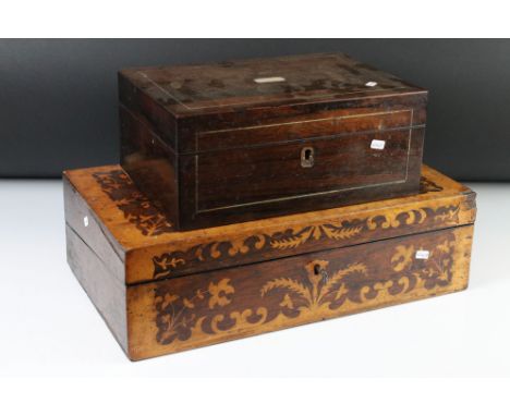 Mahogany and Burr Walnut Inlaid Writing Slope together with a Mother of Pearl Inlaid Box (2) 